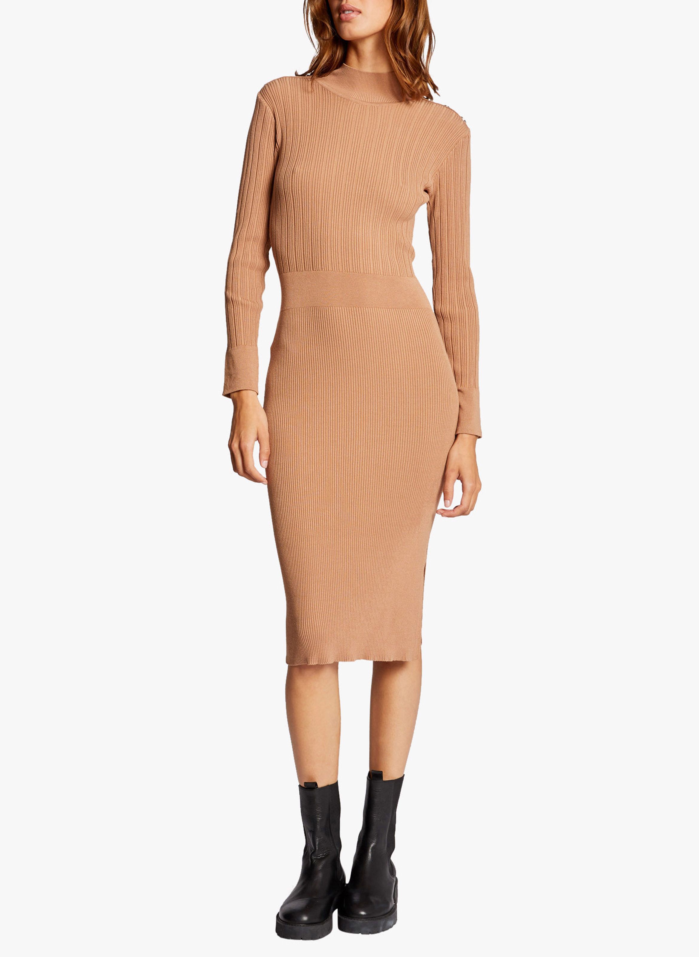 High-neck Mixed-knit Midi Dress Caramel ...